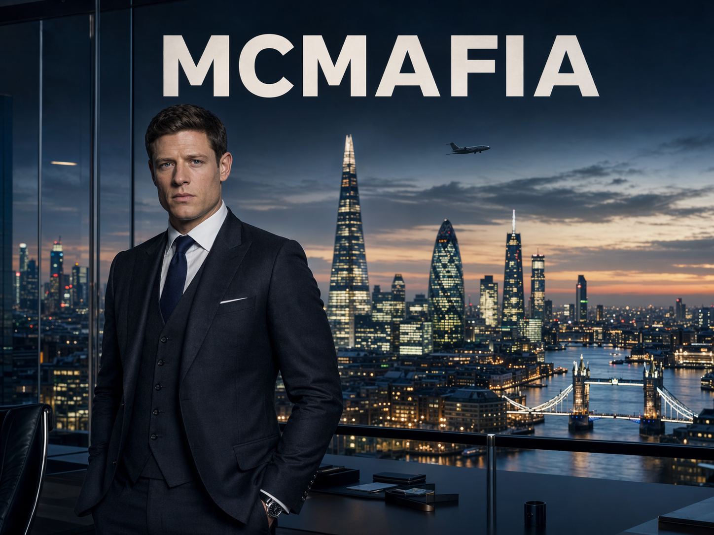 James Norton as Alex Godman in a charcoal three-piece suit in a glass-walled Canary Wharf executive office with the City of London skyline including the Shard, Gherkin, and Tower Bridge behind him, McMafia title overlay.