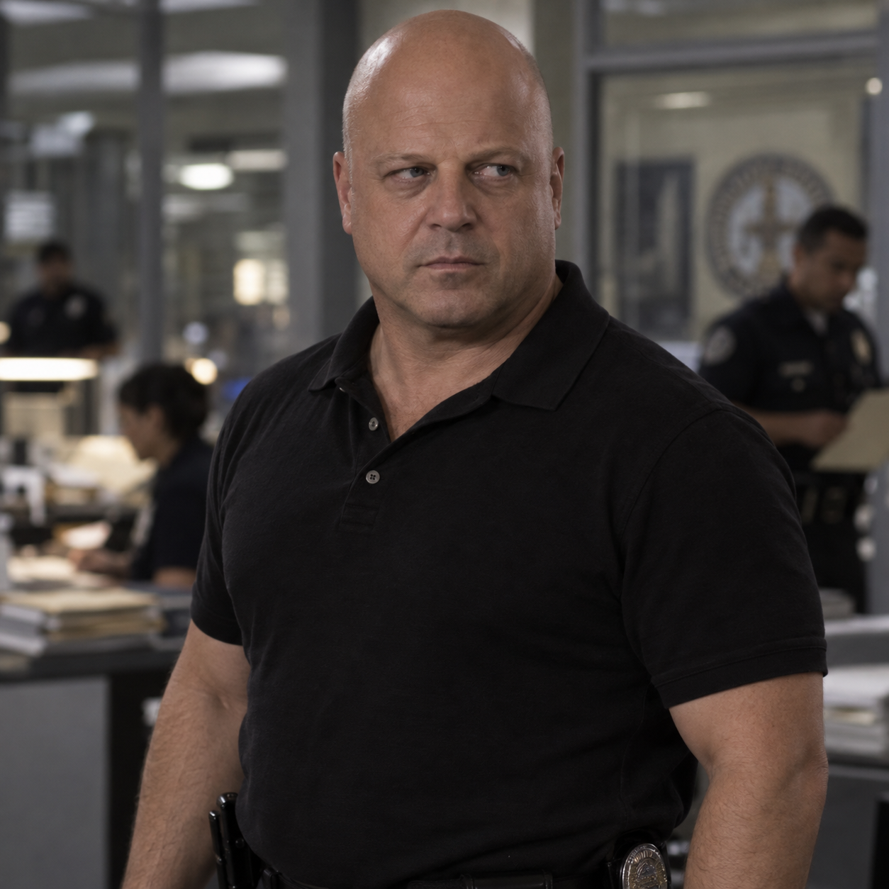 Michael Chiklis as Vic Mackey, wearing a black polo shirt in a police station.
