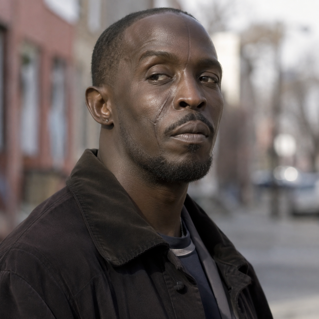 Michael K. Williams as Omar Little, wearing a dark coat on a Baltimore street.