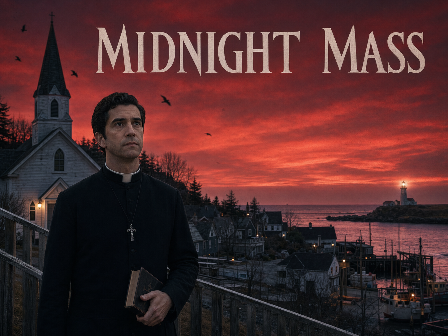 Hamish Linklater as Father Paul Hill in a black cassock with a Bible on the steps of a clapboard church on Crockett Island at dusk with a lighthouse and crimson sky behind him, Midnight Mass title overlay.