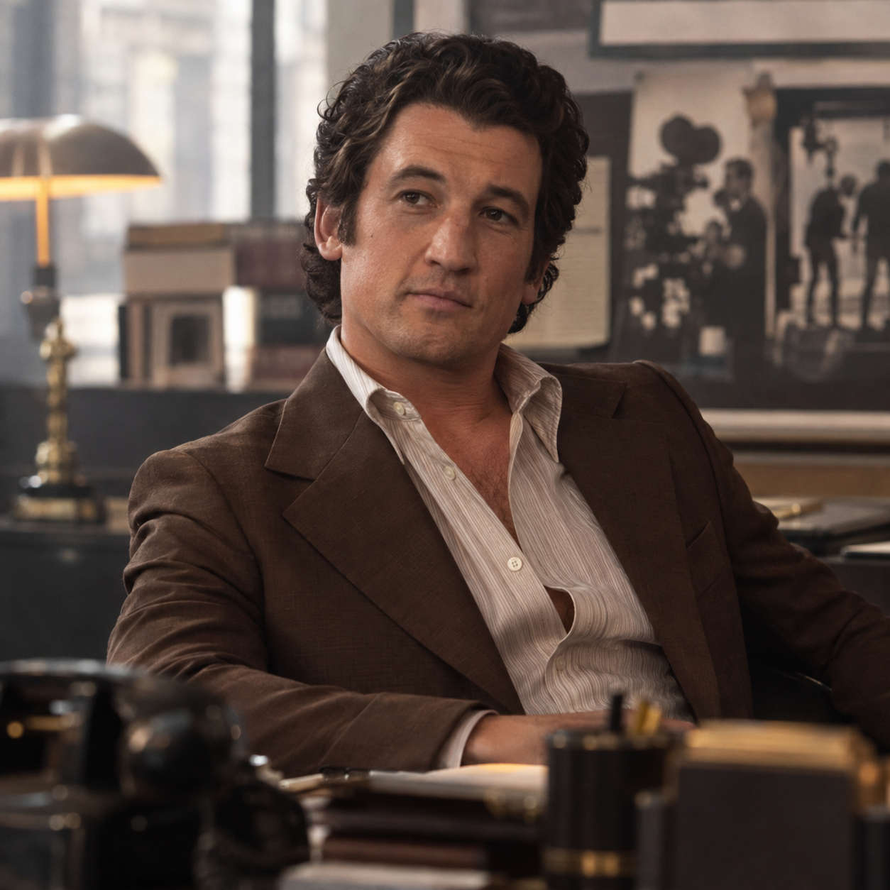 Miles Teller as Albert S. Ruddy, wearing a brown jacket and open-collar shirt in a production office.