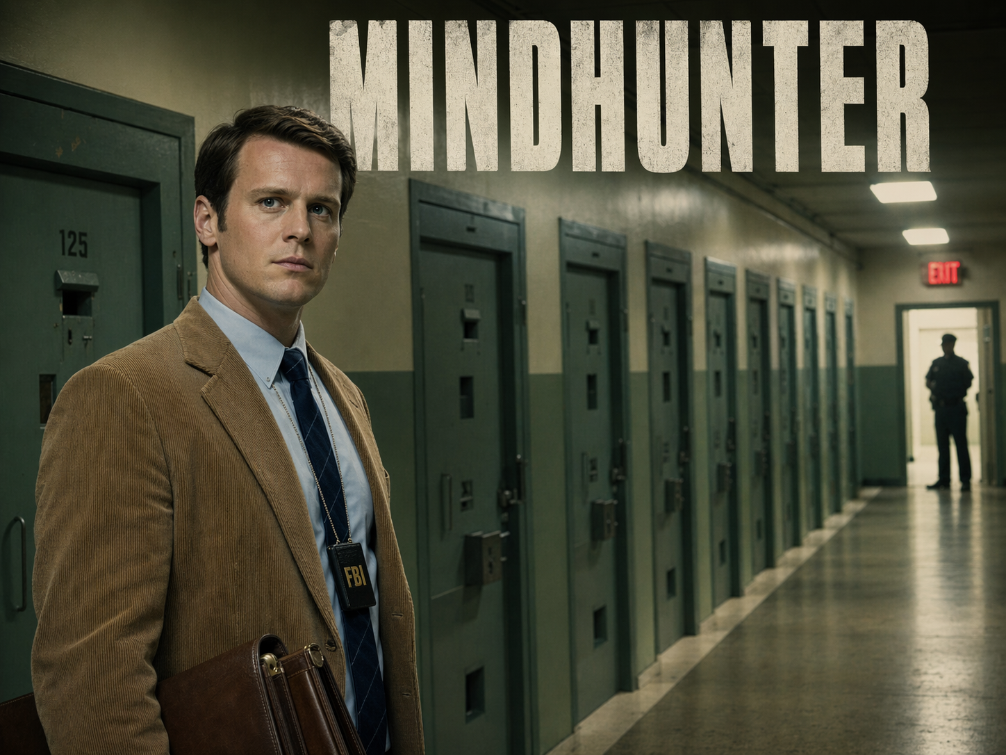 Jonathan Groff as FBI agent Holden Ford in a tan corduroy jacket with a briefcase in a dim 1977 federal penitentiary corridor, Mindhunter title overlay.