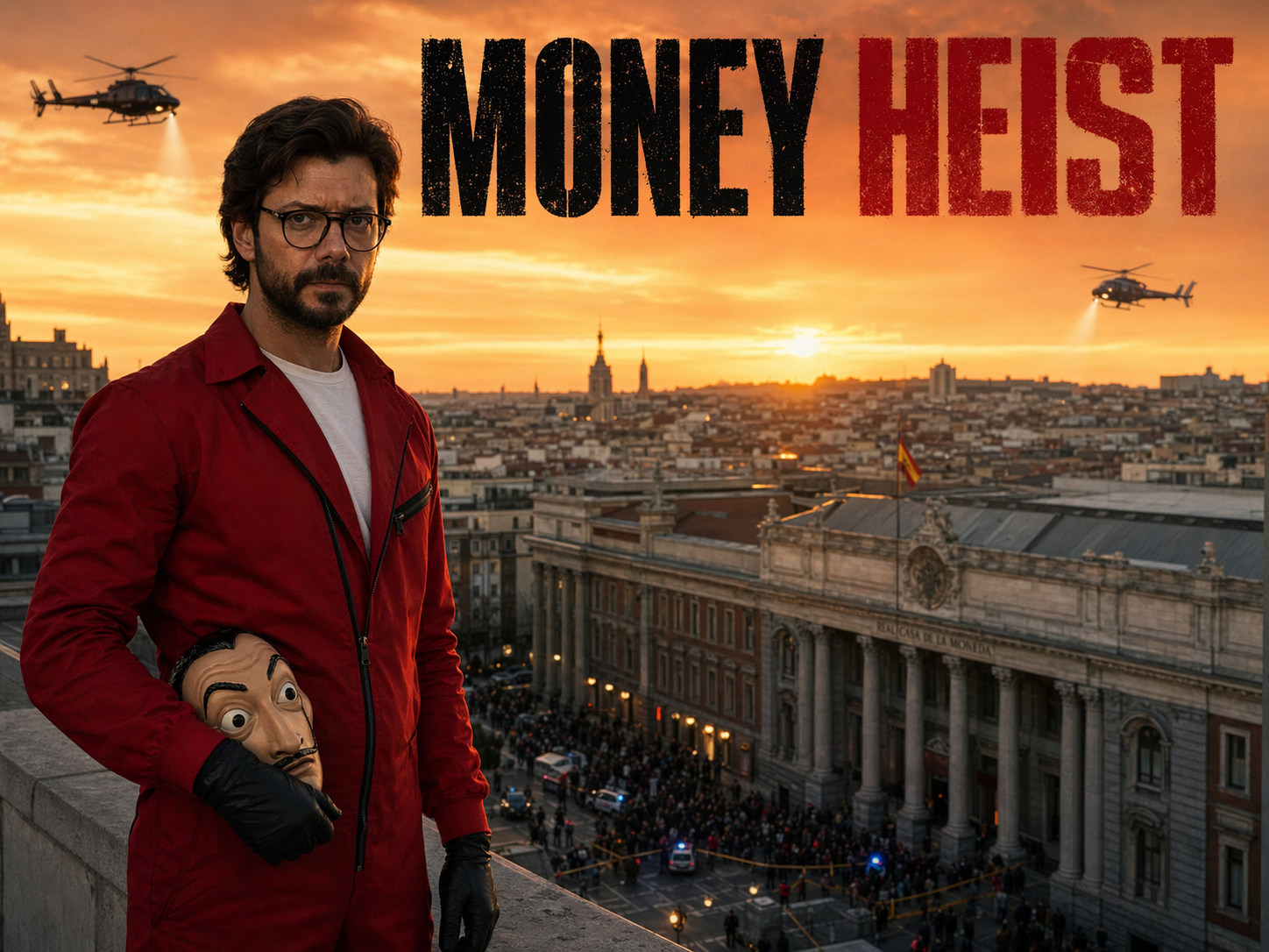 Alvaro Morte as The Professor in a red jumpsuit holding a Salvador Dali mask on a Madrid rooftop at sunset with the Royal Mint and police cordons below, Money Heist title overlay.