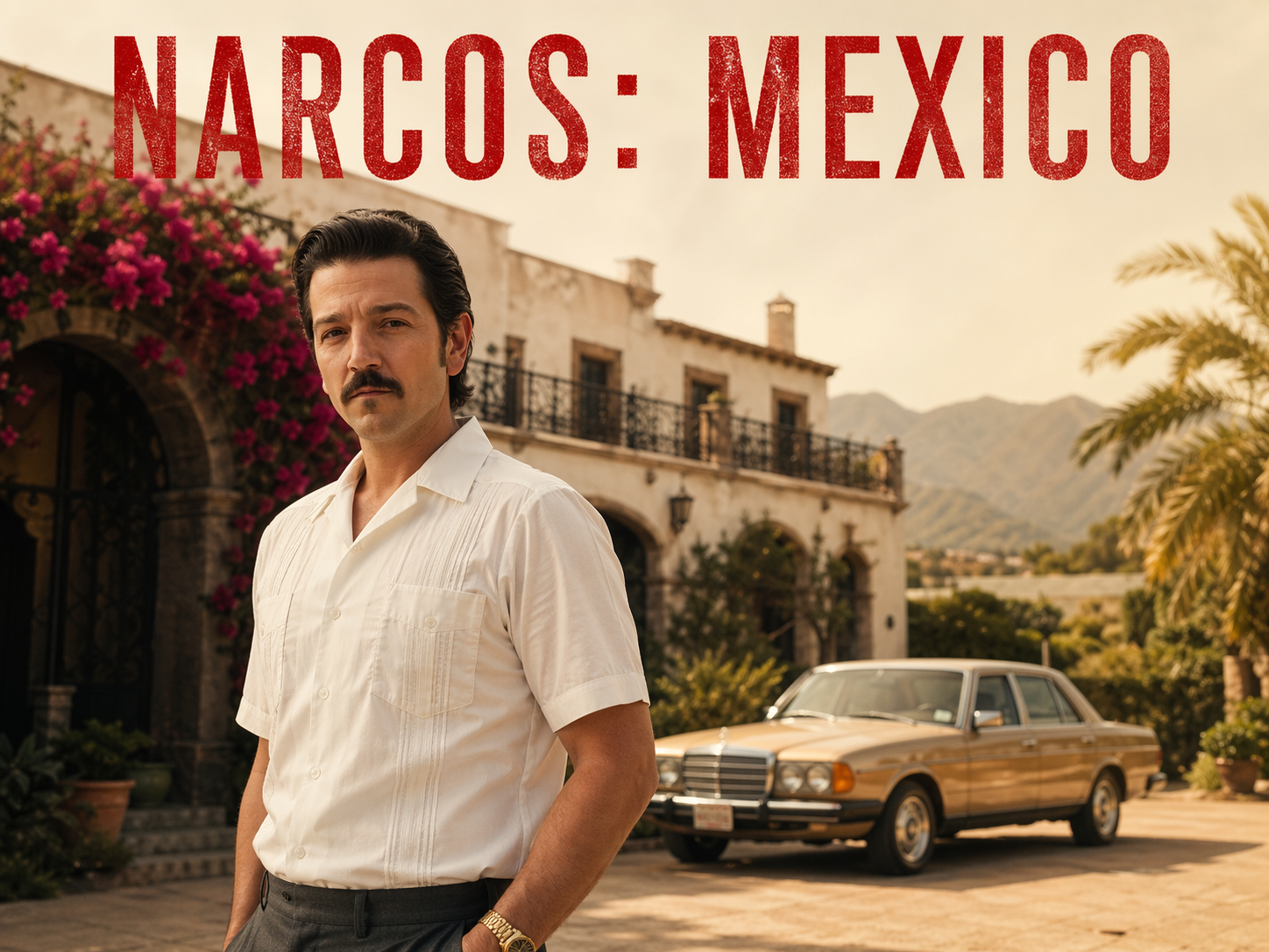 Diego Luna as Miguel Angel Felix Gallardo in a white guayabera outside a colonial Guadalajara hacienda with a champagne Mercedes beside him, Narcos Mexico title overlay.