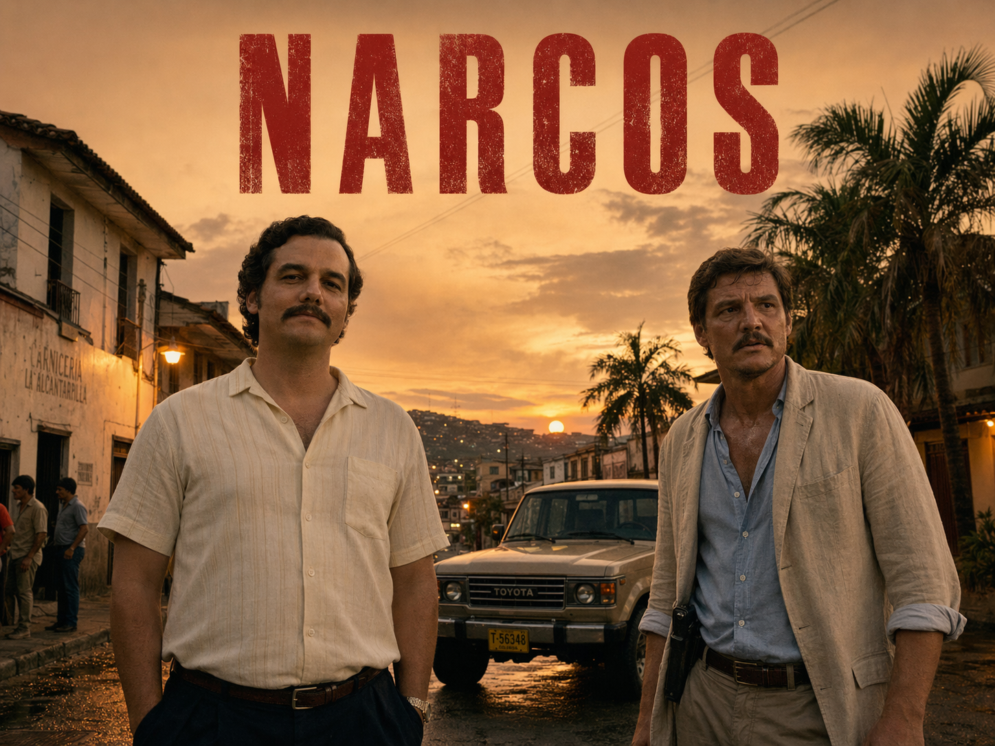 Wagner Moura as Pablo Escobar and Pedro Pascal as DEA agent Javier Peña on a humid 1980s Medellín street at dusk, Narcos title overlay.