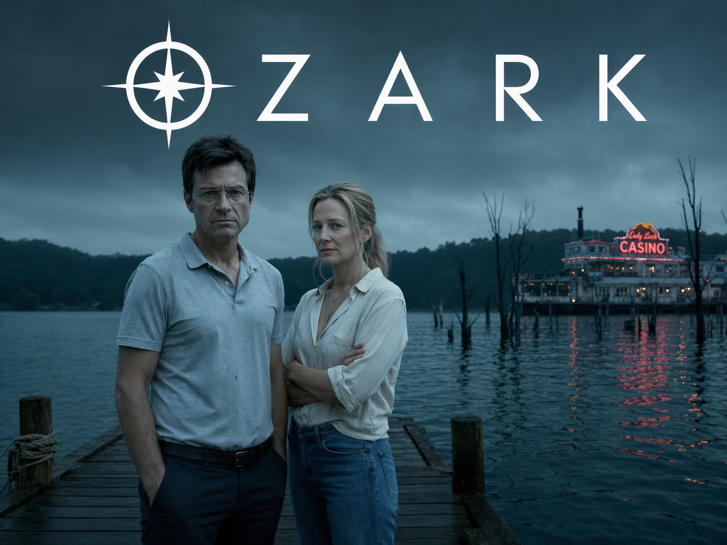 Jason Bateman as Marty Byrde and Laura Linney as Wendy Byrde on a weathered dock at Lake of the Ozarks at dusk with a casino riverboat glowing in the distance, Ozark title overlay.