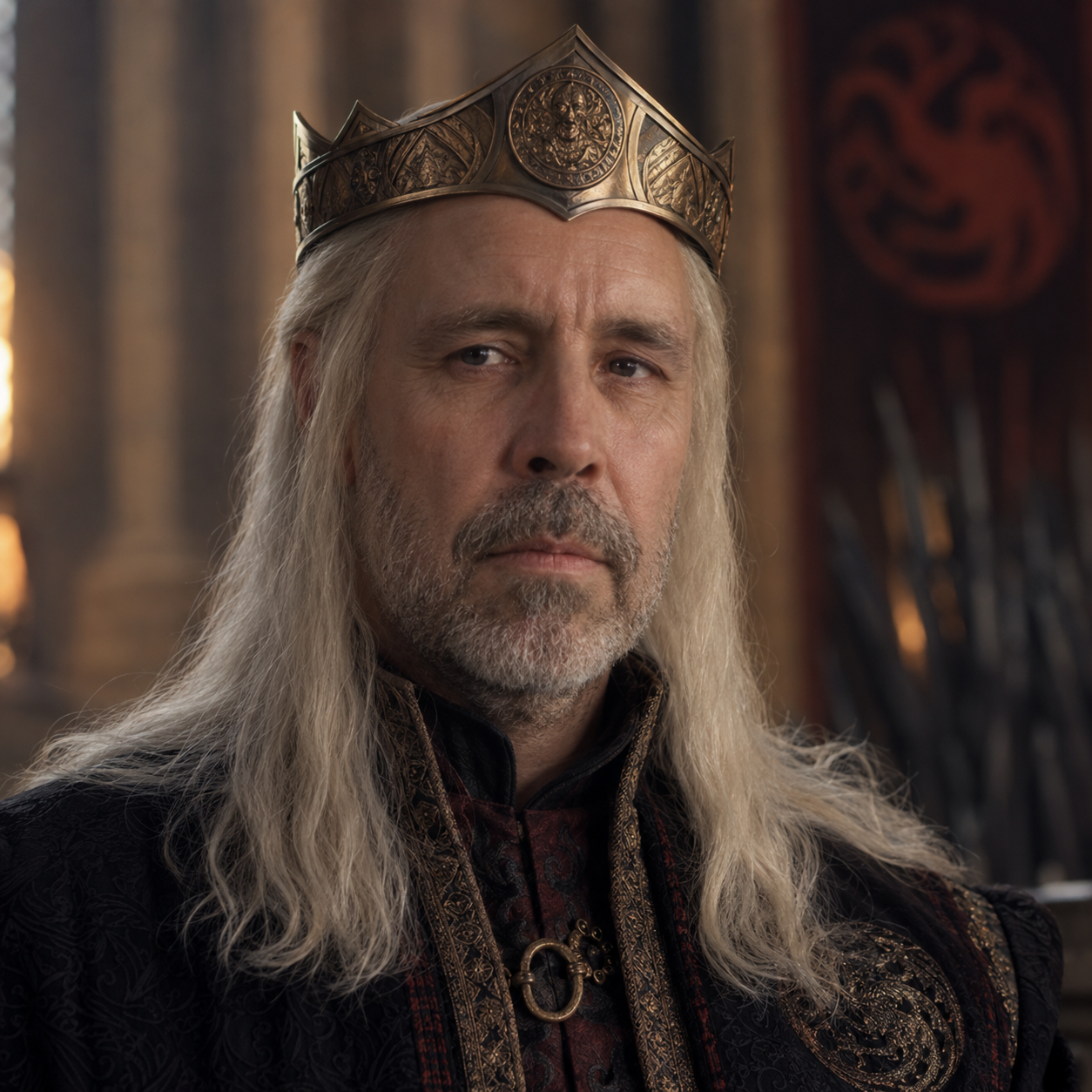 Paddy Considine as King Viserys I Targaryen in House of the Dragon, in a head-and-shoulders character portrait.