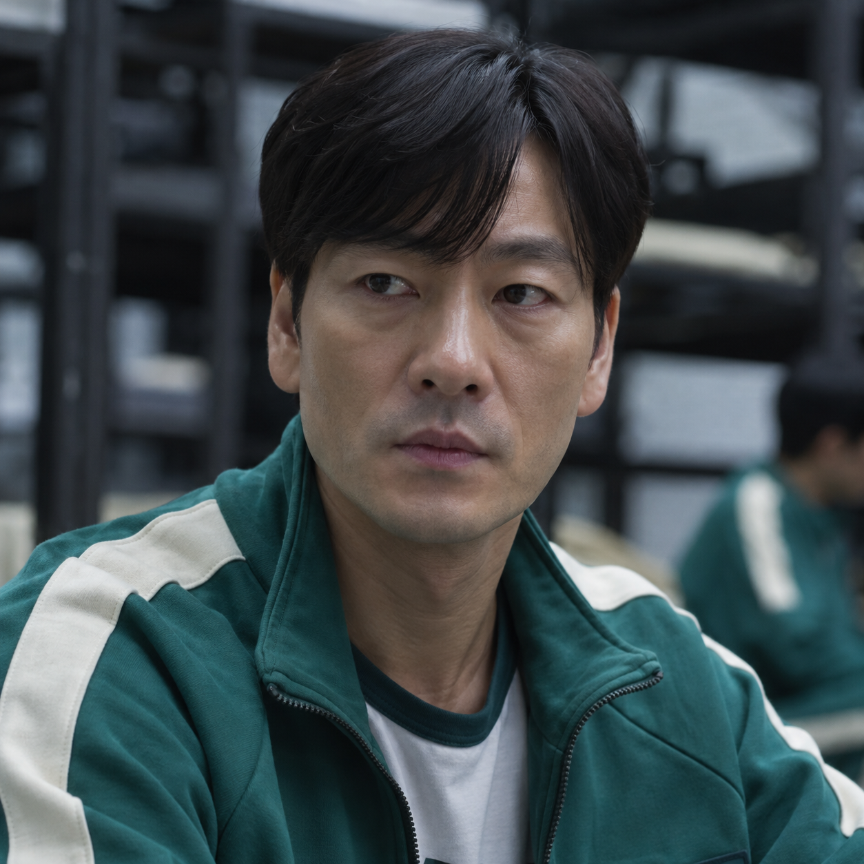 Park Hae-soo as Cho Sang-woo, wearing a green tracksuit in a dormitory.