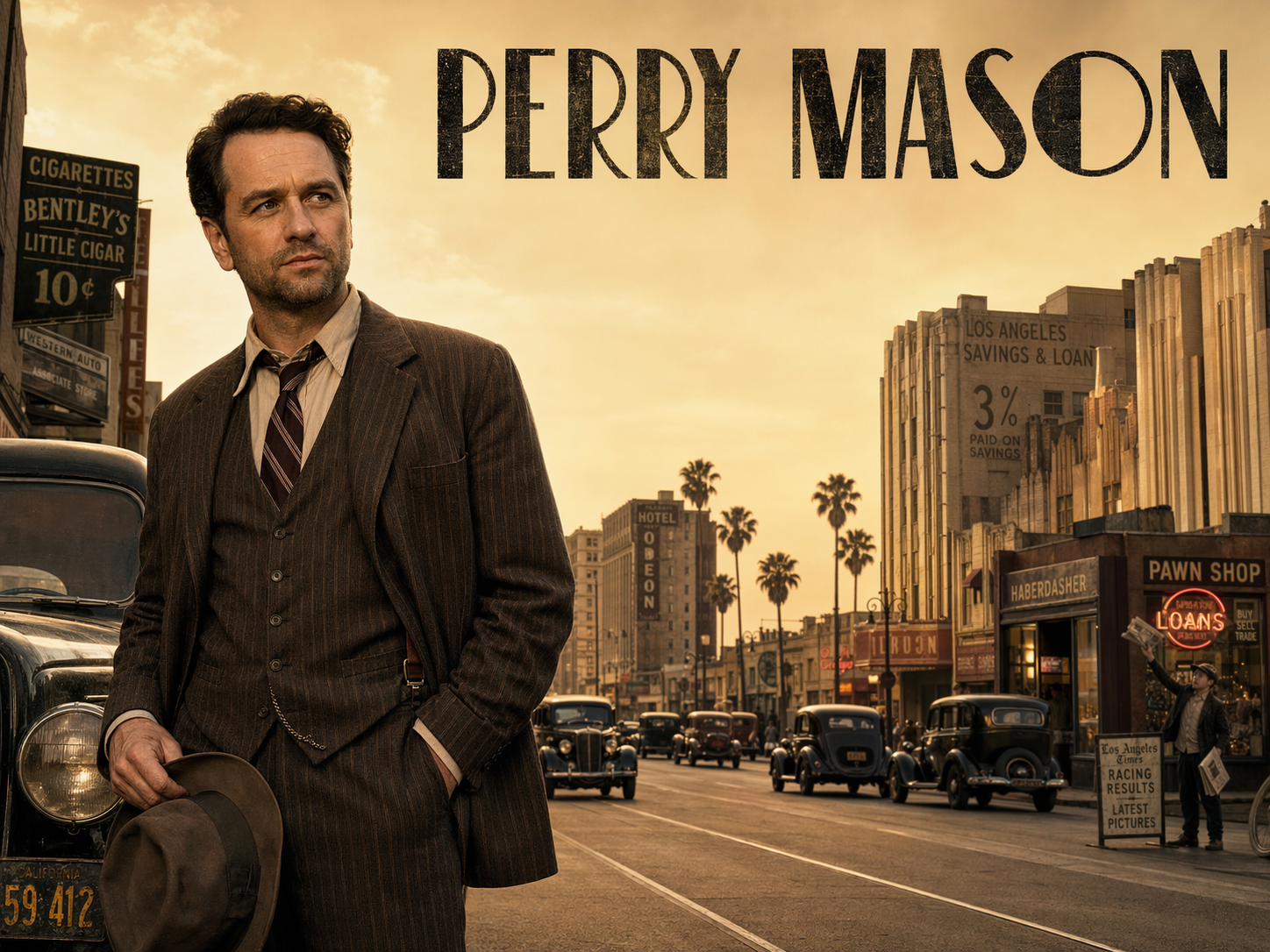 Matthew Rhys as Perry Mason in a rumpled brown pinstripe three-piece suit on a 1932 downtown Los Angeles street with Art Deco facades and vintage cars behind him, Perry Mason title overlay.