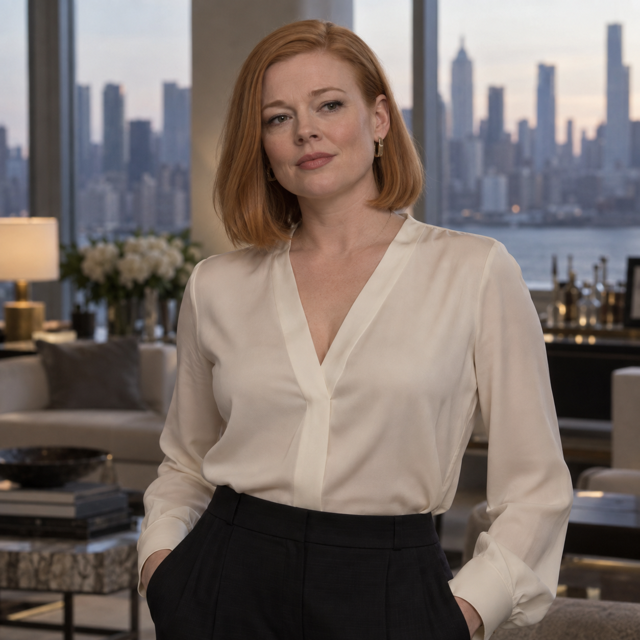Sarah Snook as Shiv Roy, wearing a cream blouse and dark trousers with Manhattan behind her.