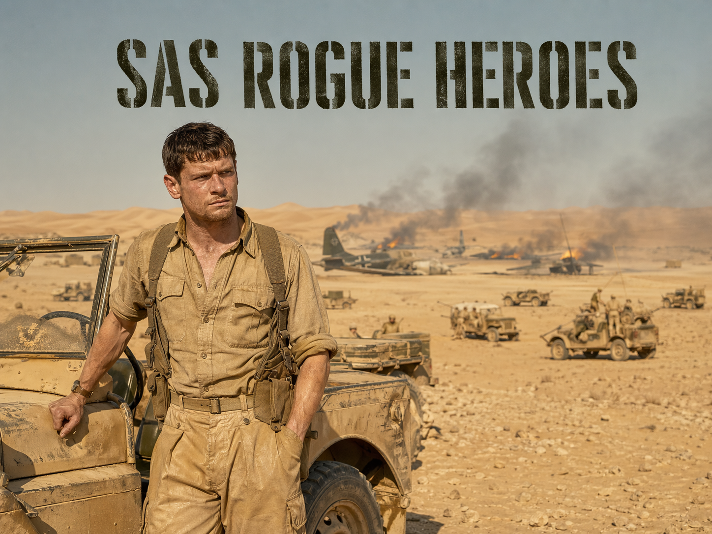 Jack O'Connell as Paddy Mayne in sand-coloured fatigues beside a dusty jeep on a 1941 Libyan desert airfield with burning Luftwaffe aircraft behind him, SAS Rogue Heroes title overlay.