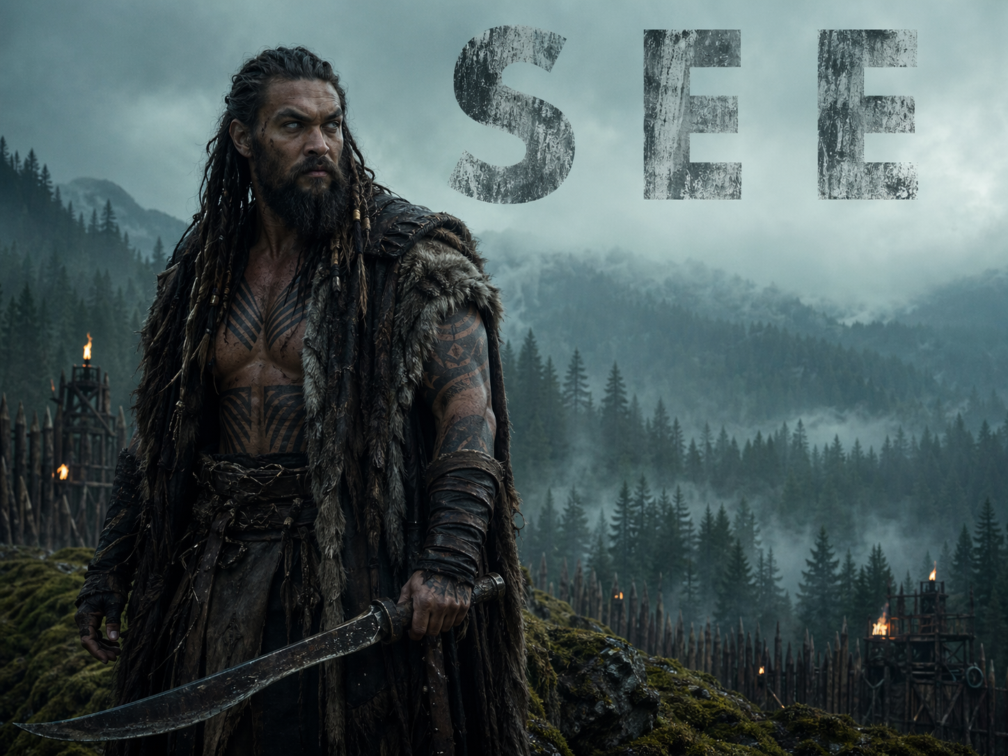 Jason Momoa as Baba Voss in a misty post-apocalyptic mountain forest holding a curved iron blade, See title overlay.