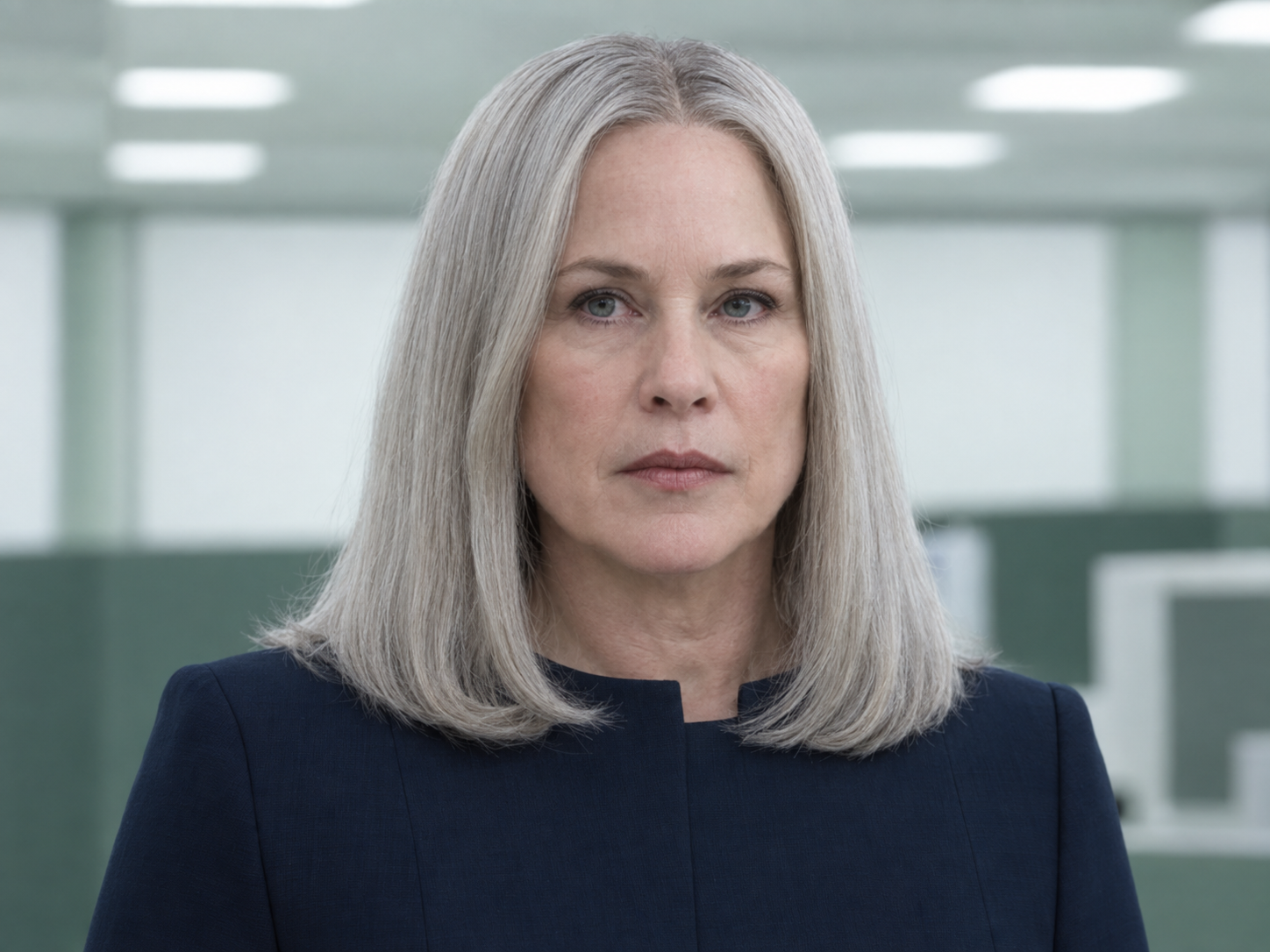 Patricia Arquette as Harmony Cobel in Severance, with straight silver-blonde hair and a dark blue office outfit.