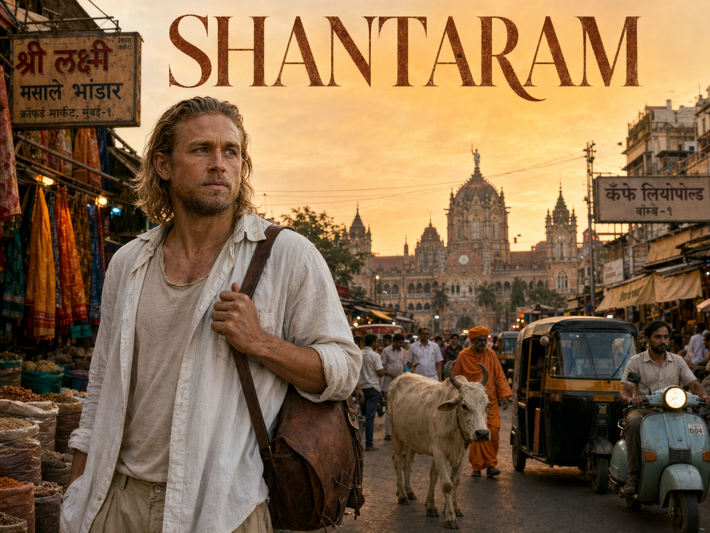 Charlie Hunnam as Lin Ford in a rumpled open white shirt with a leather satchel in a bustling 1980s Bombay street market with Victoria Terminus and a saffron-robed figure behind him, Shantaram title overlay.