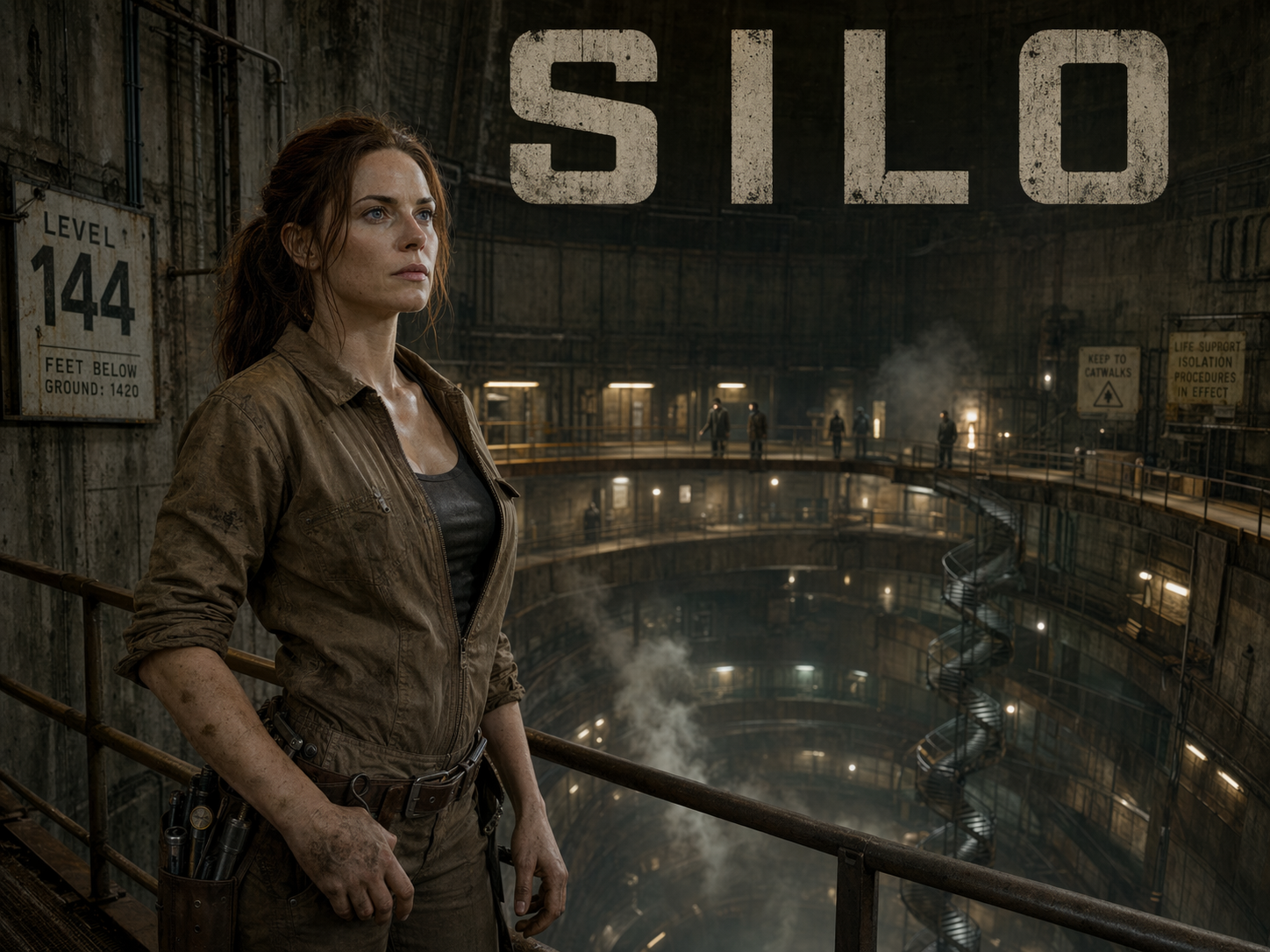 Rebecca Ferguson as Juliette Nichols in a tan mechanic jumpsuit on a steel mezzanine gantry inside the vast concrete Silo with a spiralling staircase and LEVEL 144 sign, Silo title overlay.