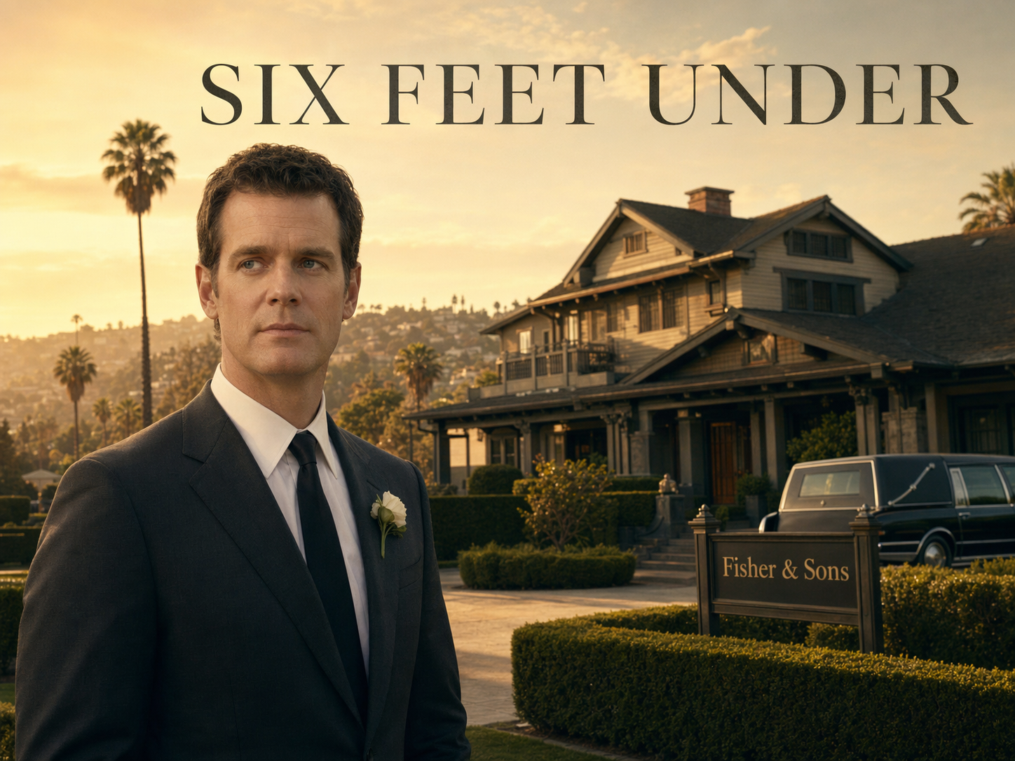 Peter Krause as Nate Fisher in a charcoal suit with black tie and white boutonniere on the porch of the Fisher and Sons funeral home in Los Angeles, Six Feet Under title overlay.
