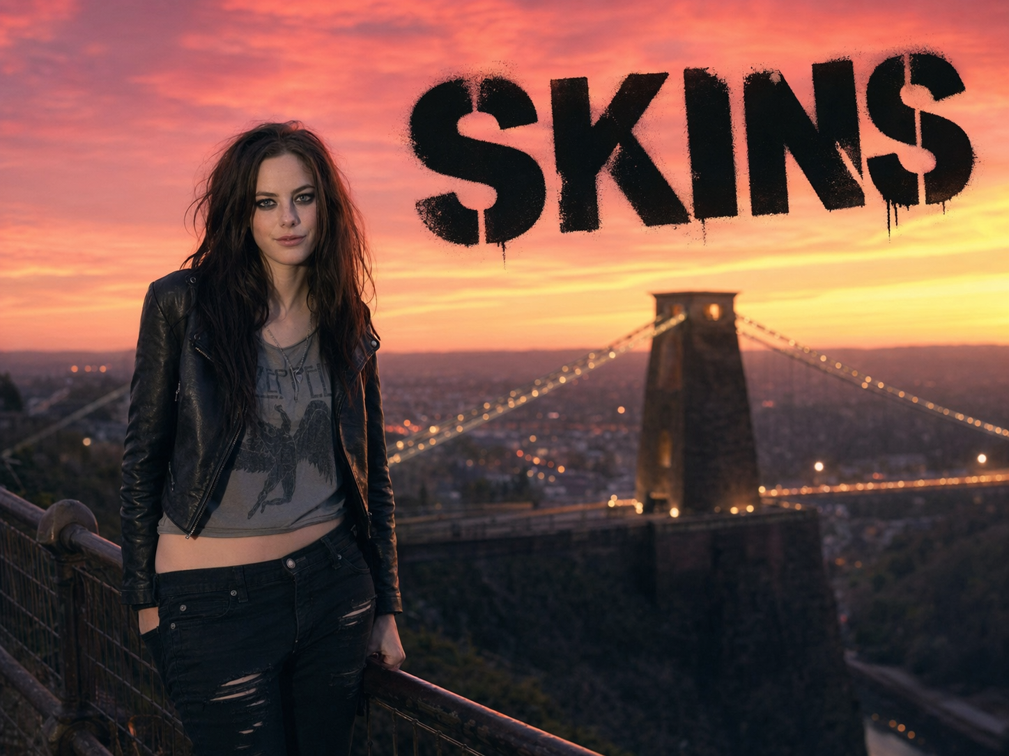 Kaya Scodelario as Effy Stonem in a cropped black leather jacket on the Clifton Suspension Bridge overlook at Bristol dusk with the city lights below, Skins title overlay.