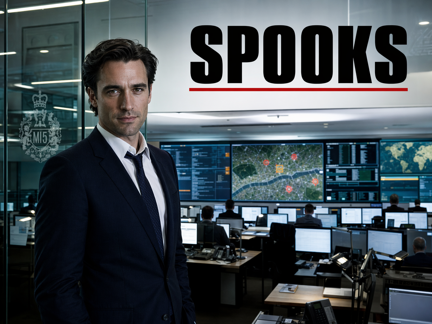 Matthew Macfadyen as Tom Quinn in a navy suit at the edge of the MI5 Thames House operations room with London threat maps behind him, Spooks title overlay.