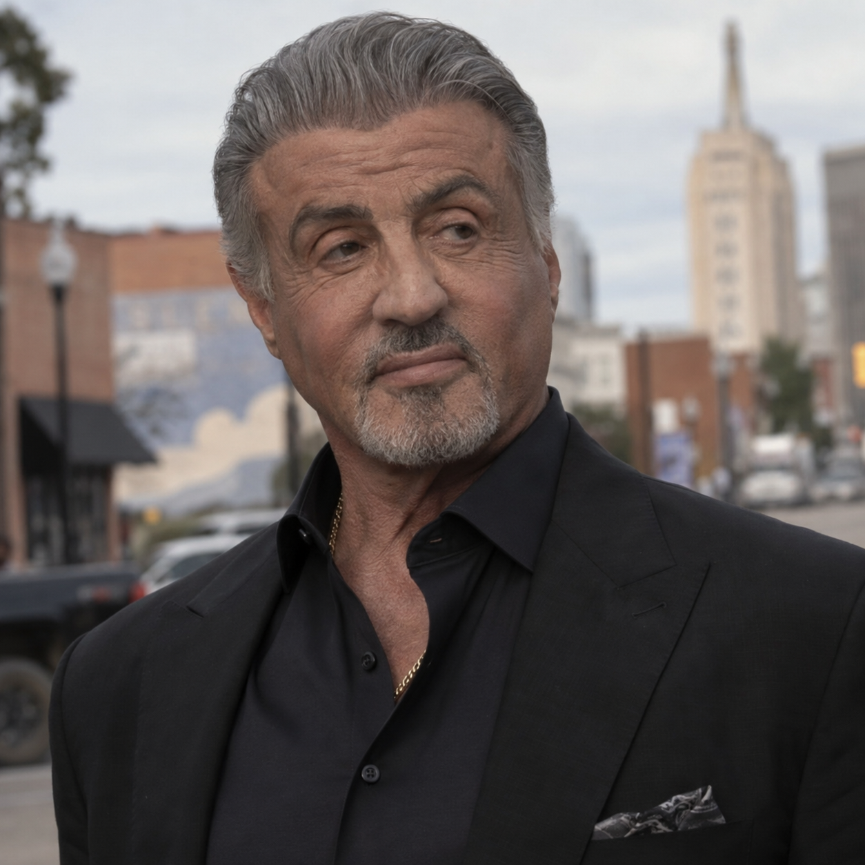 Sylvester Stallone as Dwight Manfredi, wearing a dark suit with a Tulsa street behind him.