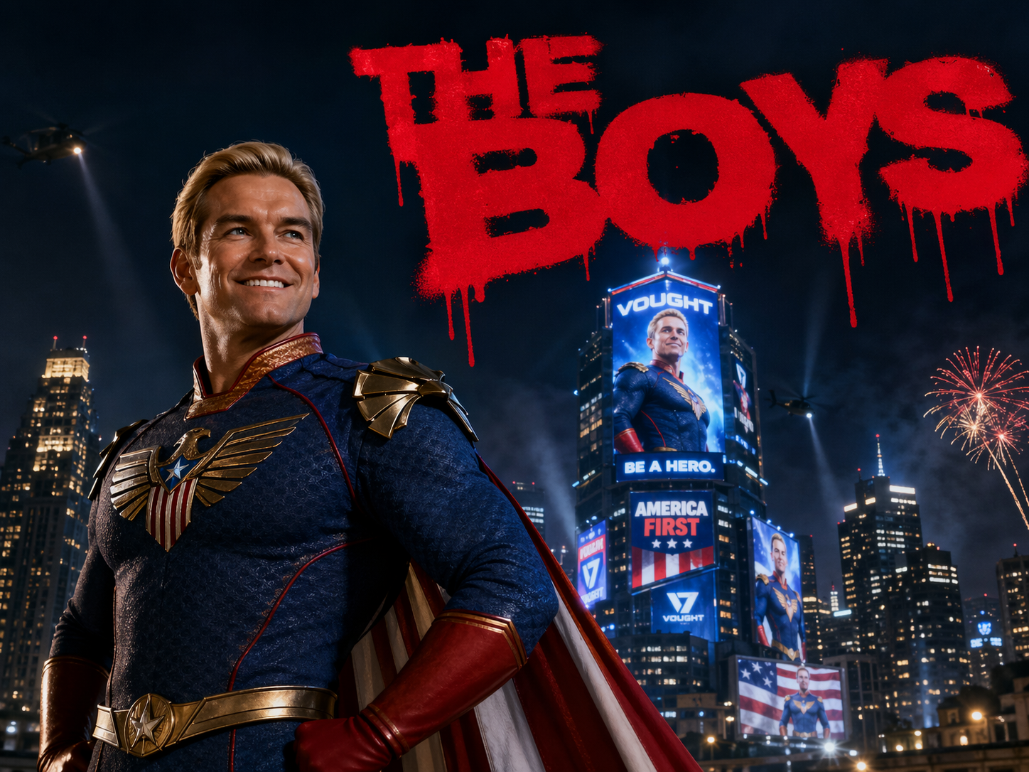 Antony Starr as Homelander in his red-white-blue superhero suit on a New York rooftop with the Vought tower and its billboards behind him, The Boys title overlay.