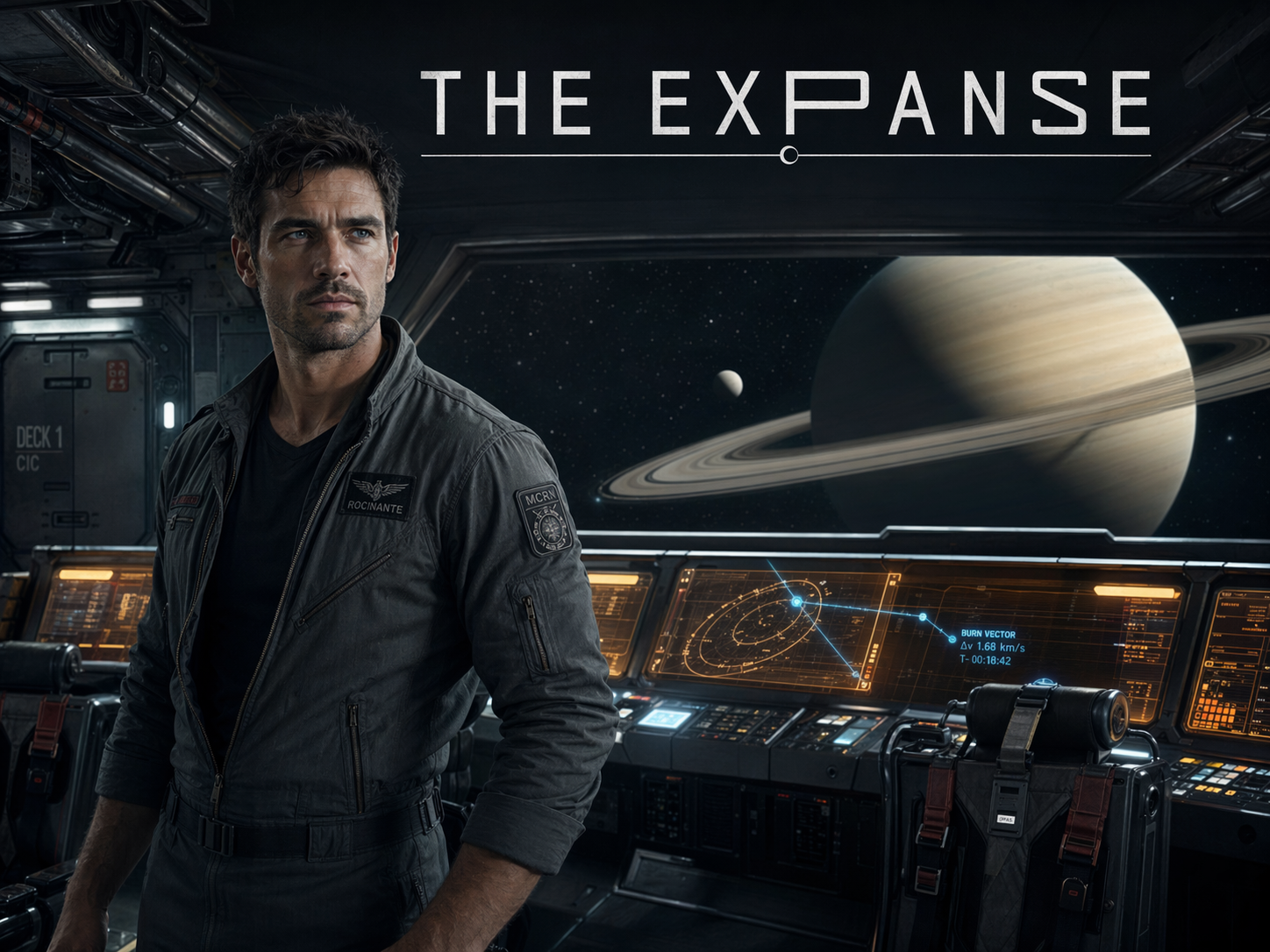 Steven Strait as James Holden on the bridge of the Rocinante with Saturn and its rings visible through the viewport, The Expanse title overlay.