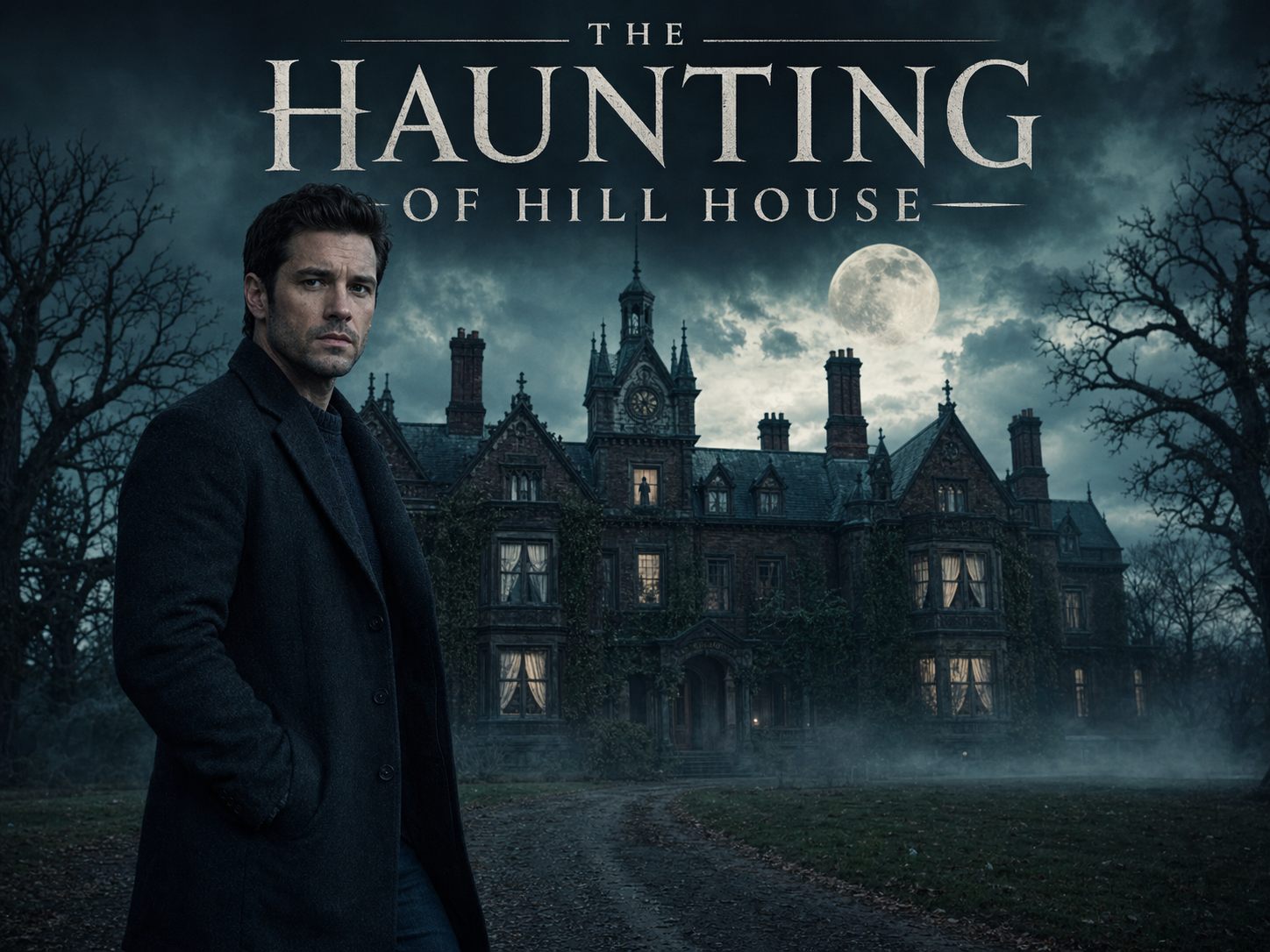Michiel Huisman as Steve Crain in a dark overcoat on the gravel drive of a sprawling gothic American manor at twilight with a full moon and ivy-covered facade behind him, The Haunting of Hill House title overlay.