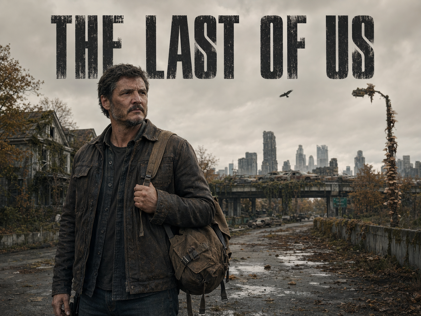 Pedro Pascal as Joel Miller with beard and leather jacket on a cracked overgrown highway crossing a post-pandemic ruined suburb with burned-out skyscrapers behind him, The Last of Us title overlay.