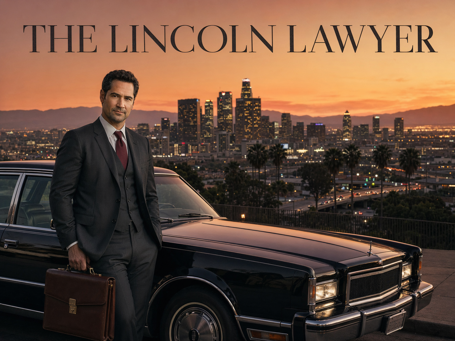 Manuel Garcia-Rulfo as Mickey Haller in a charcoal three-piece suit leaning against a vintage black Lincoln Town Car with the downtown Los Angeles skyline at sunset behind him, The Lincoln Lawyer title overlay.