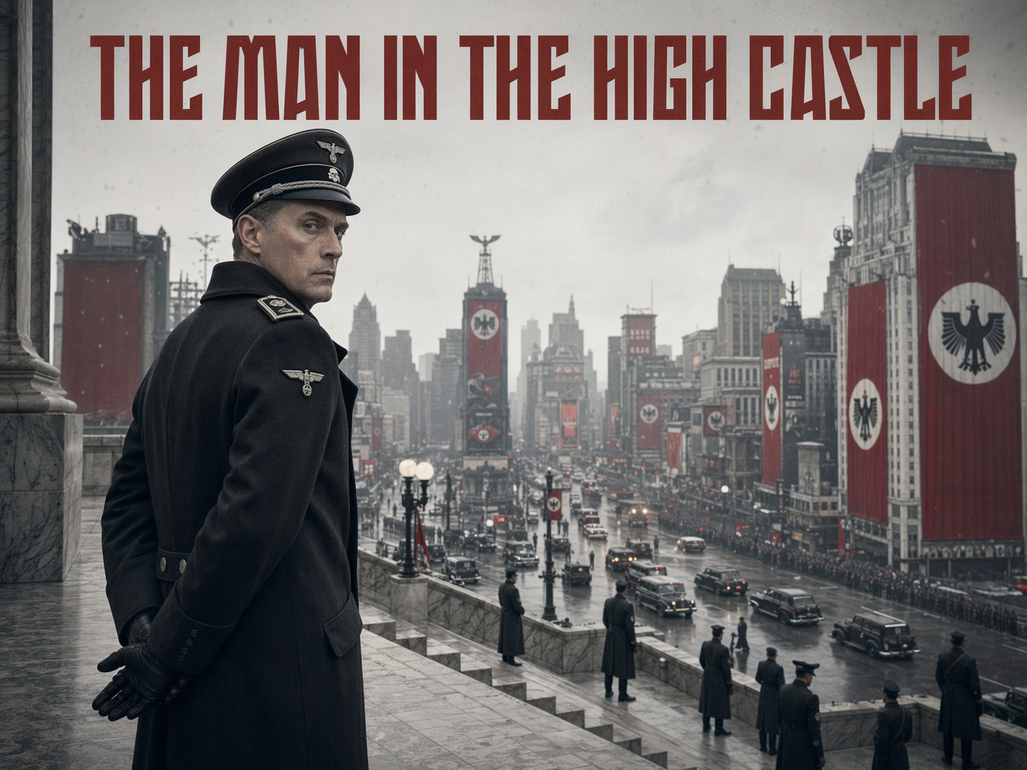 Rufus Sewell as Obergruppenfuhrer John Smith in a dark officer greatcoat on the steps of an alternate-history 1962 New York with banners draped across Times Square, The Man in the High Castle title overlay.