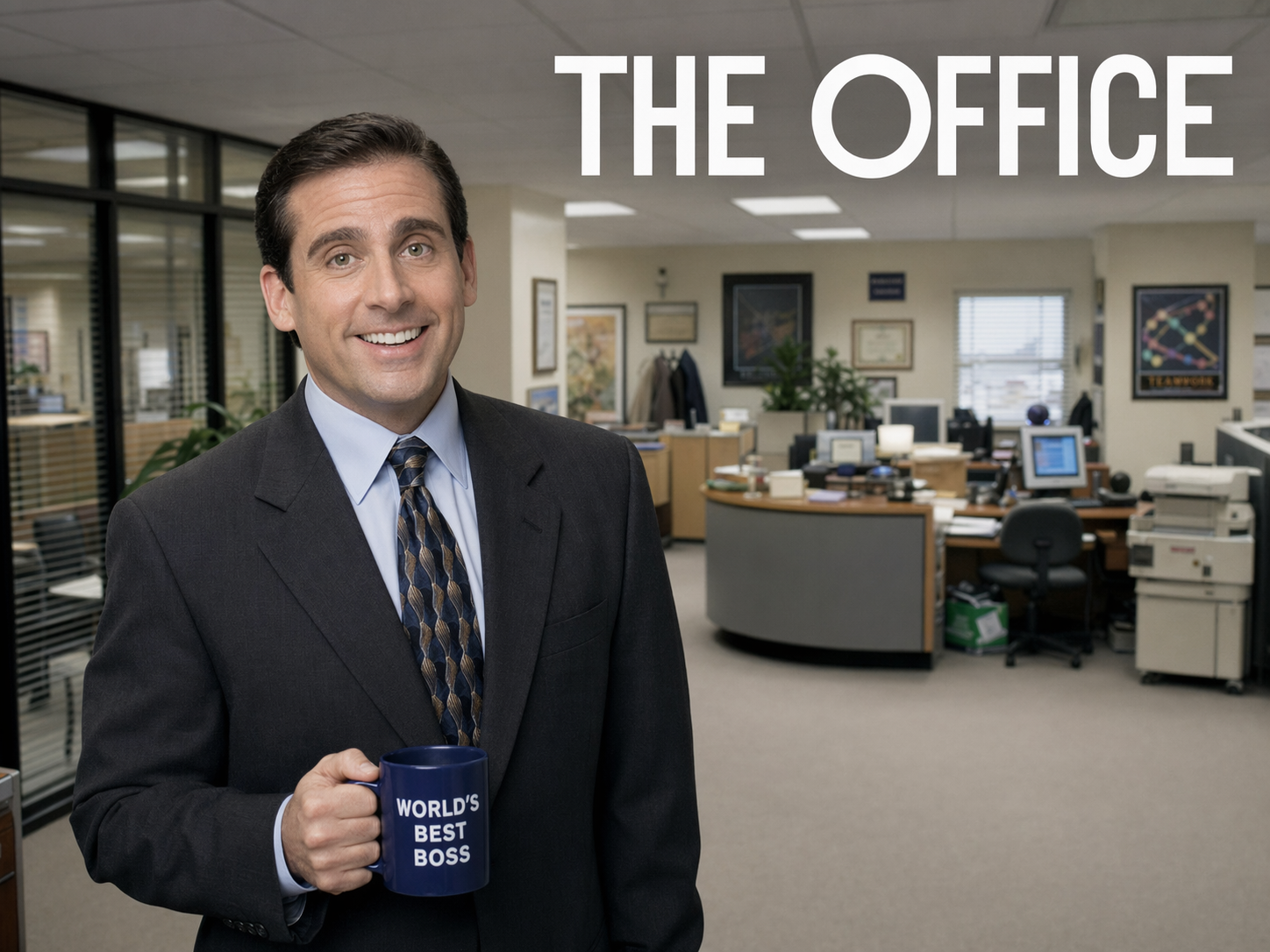 Steve Carell as Michael Scott in an oversized charcoal suit with a 'World's Best Boss' coffee mug in the Dunder Mifflin Scranton office with beige cubicles behind him, The Office title overlay.