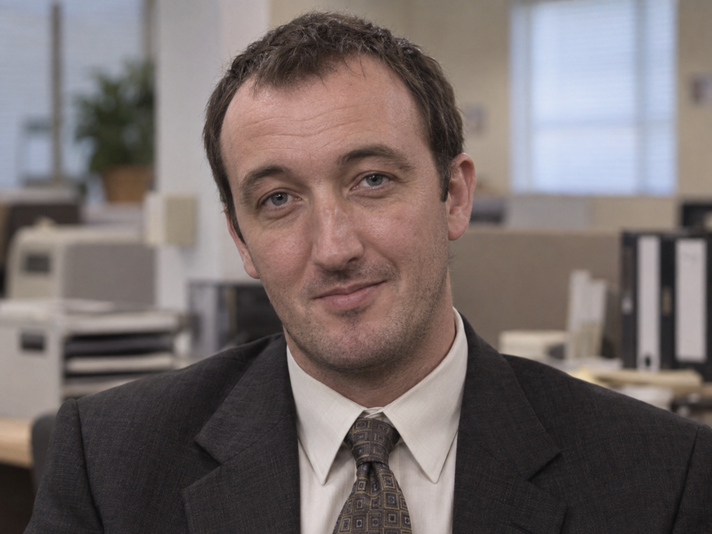 Ralph Ineson as Chris Finch, wearing a suit and patterned tie with a slight smile in an ordinary office.