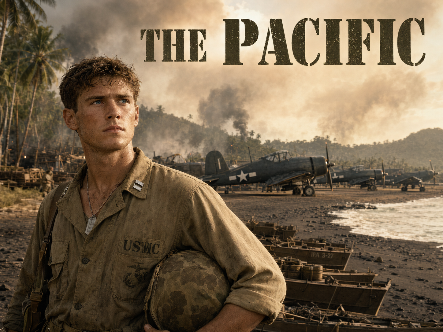 Joseph Mazzello as Eugene Sledge in a tan USMC field uniform on a Pacific jungle airstrip with Corsair fighters and smoke rising from foxholes behind him, The Pacific title overlay.