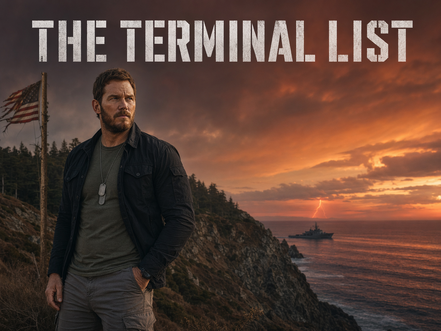 Chris Pratt as Commander James Reece with beard and tactical jacket on a California coastal bluff at dusk with the Pacific and a Navy patrol boat behind him, The Terminal List title overlay.
