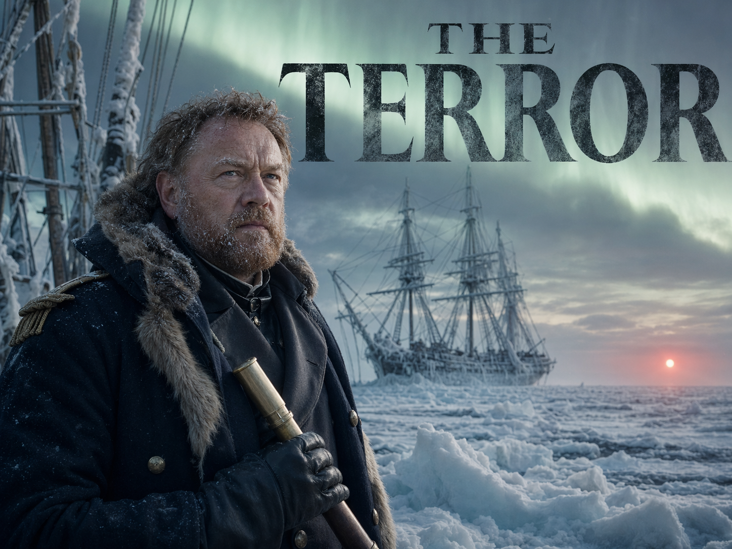 Jared Harris as Captain Francis Crozier in a fur-lined Royal Navy coat with brass telescope on the deck of HMS Terror locked in 1847 Arctic pack ice with HMS Erebus and aurora borealis behind him, The Terror title overlay.