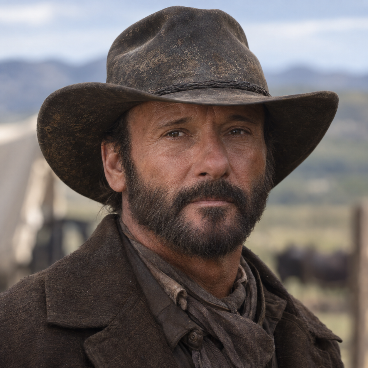 Tim McGraw as James Dutton in 1883, in a head-and-shoulders character portrait.