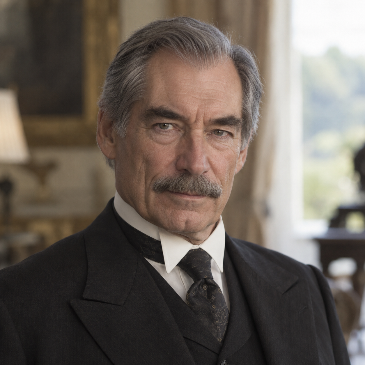 Timothy Dalton as Donald Whitfield in 1923, in a head-and-shoulders character portrait.