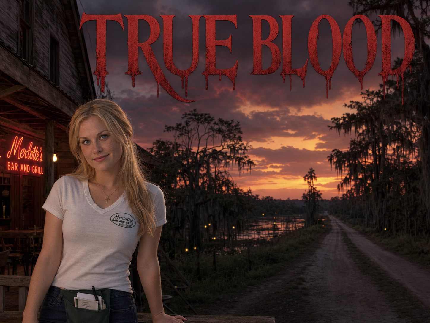 Anna Paquin as Sookie Stackhouse in a white Merlotte's T-shirt on the porch of a Louisiana bar and grill with Spanish moss cypress trees and a bayou sunset behind her, True Blood title overlay.