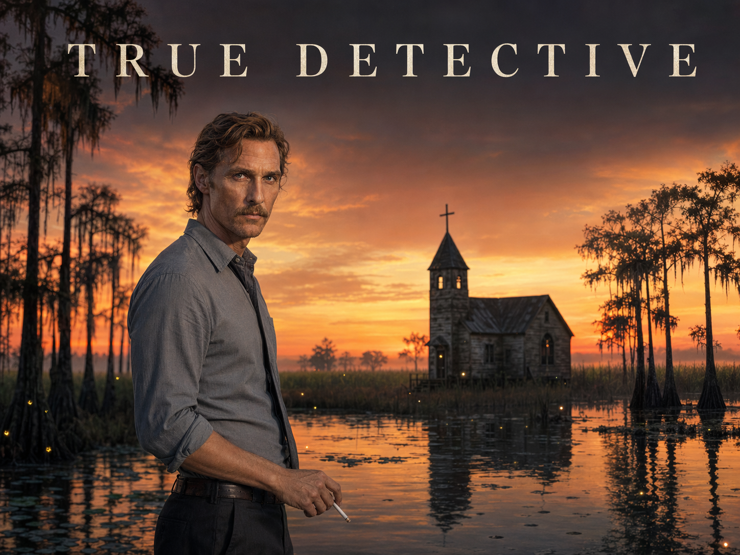 Matthew McConaughey as Rust Cohle with tousled hair and rolled sleeves at the edge of a Louisiana bayou at dusk with a small wooden swamp church in the background, True Detective title overlay.
