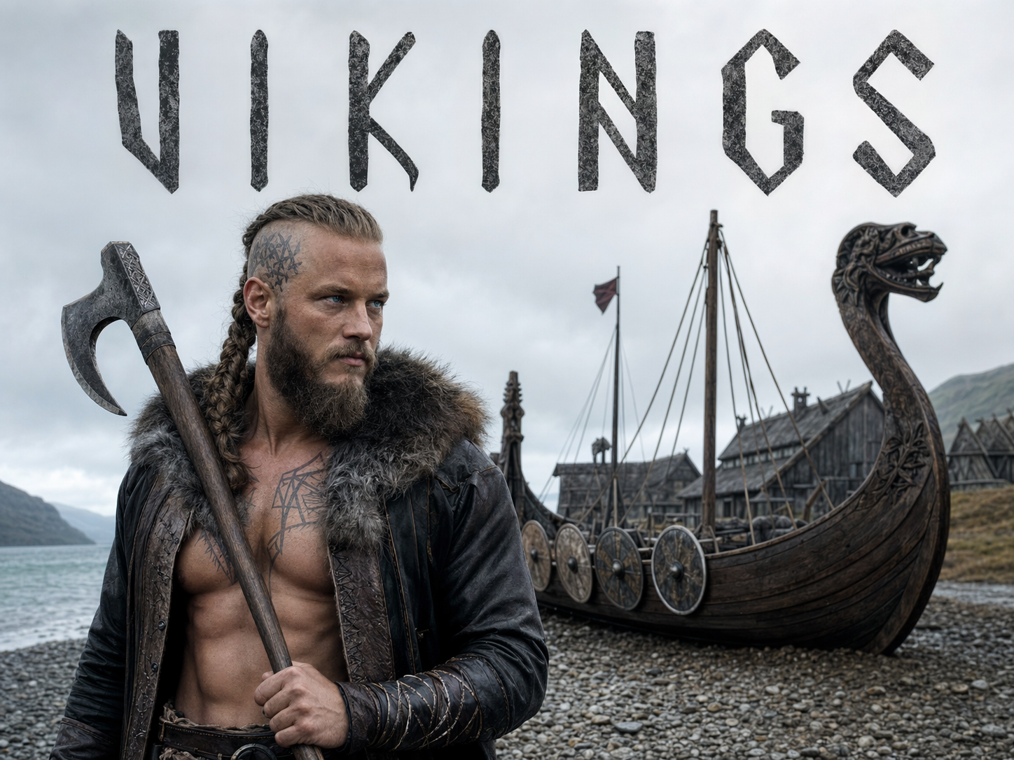 Travis Fimmel as Ragnar Lothbrok on a 9th-century Scandinavian beach beside a longship with dragon-head prow, axe in hand, Vikings title overlay.