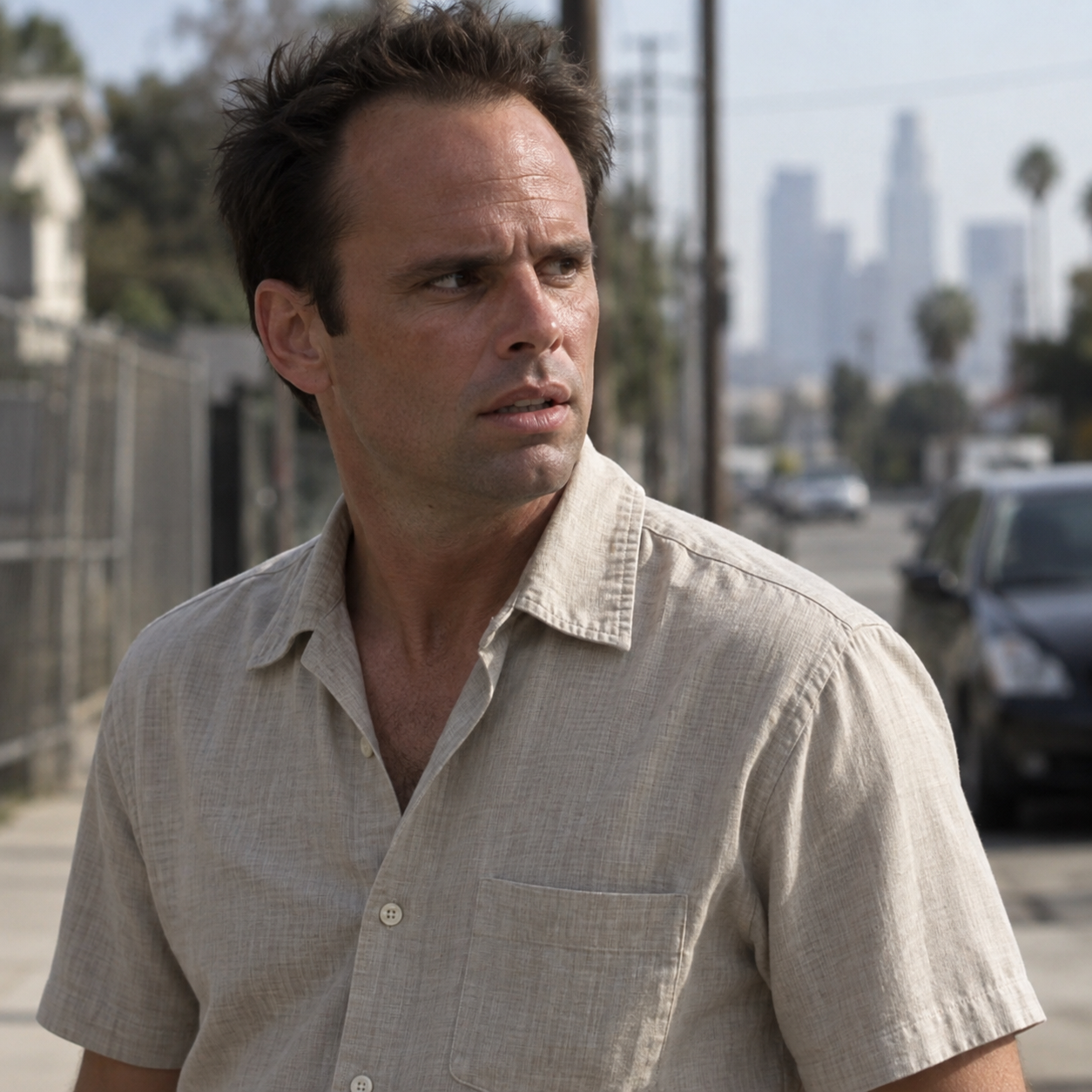 Walton Goggins as Shane Vendrell, wearing a light short-sleeved shirt on a Los Angeles street.
