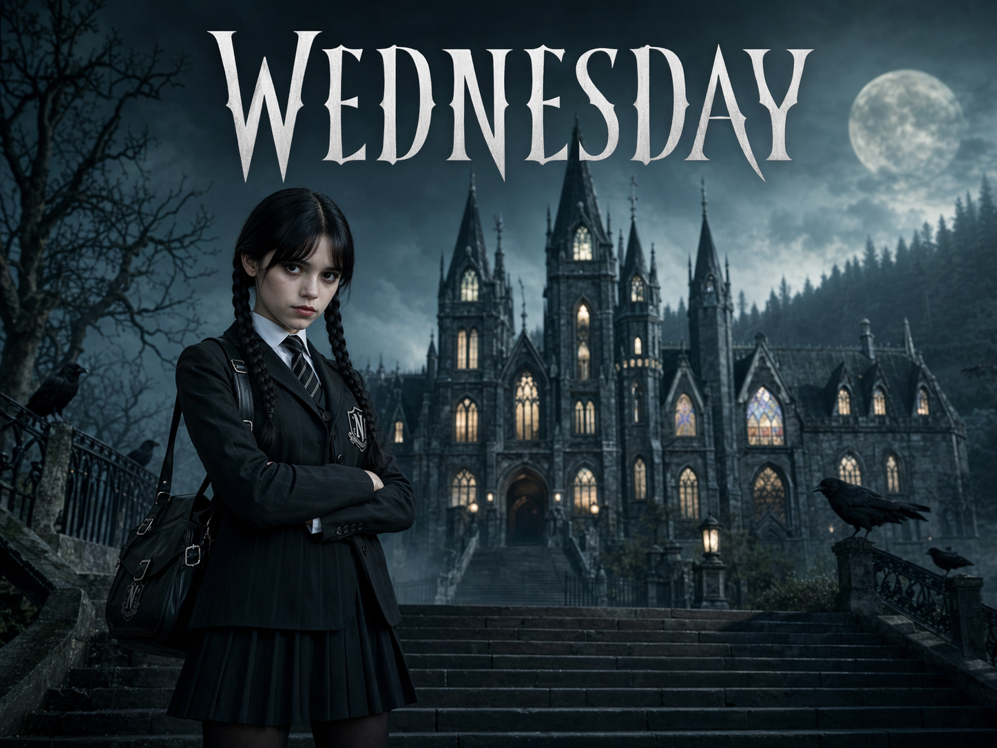 Jenna Ortega as Wednesday Addams in a black and white school uniform with braided pigtails on the steps of a gothic boarding school at dusk with a full moon and crows, Wednesday title overlay.