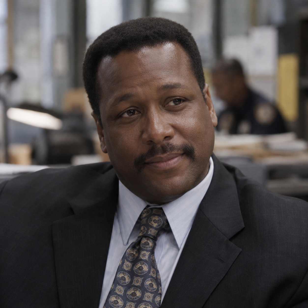 Wendell Pierce as Bunk Moreland, wearing a dark suit and patterned tie in an office.