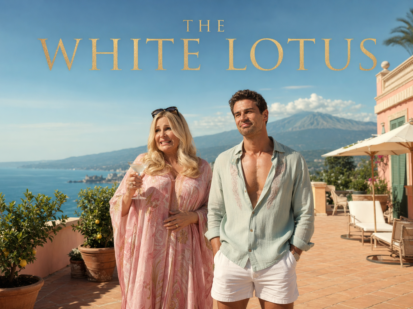 Jennifer Coolidge as Tanya McQuoid and Theo James as Cameron Sullivan on a Sicilian clifftop resort terrace with Mount Etna in the background, The White Lotus title overlay.