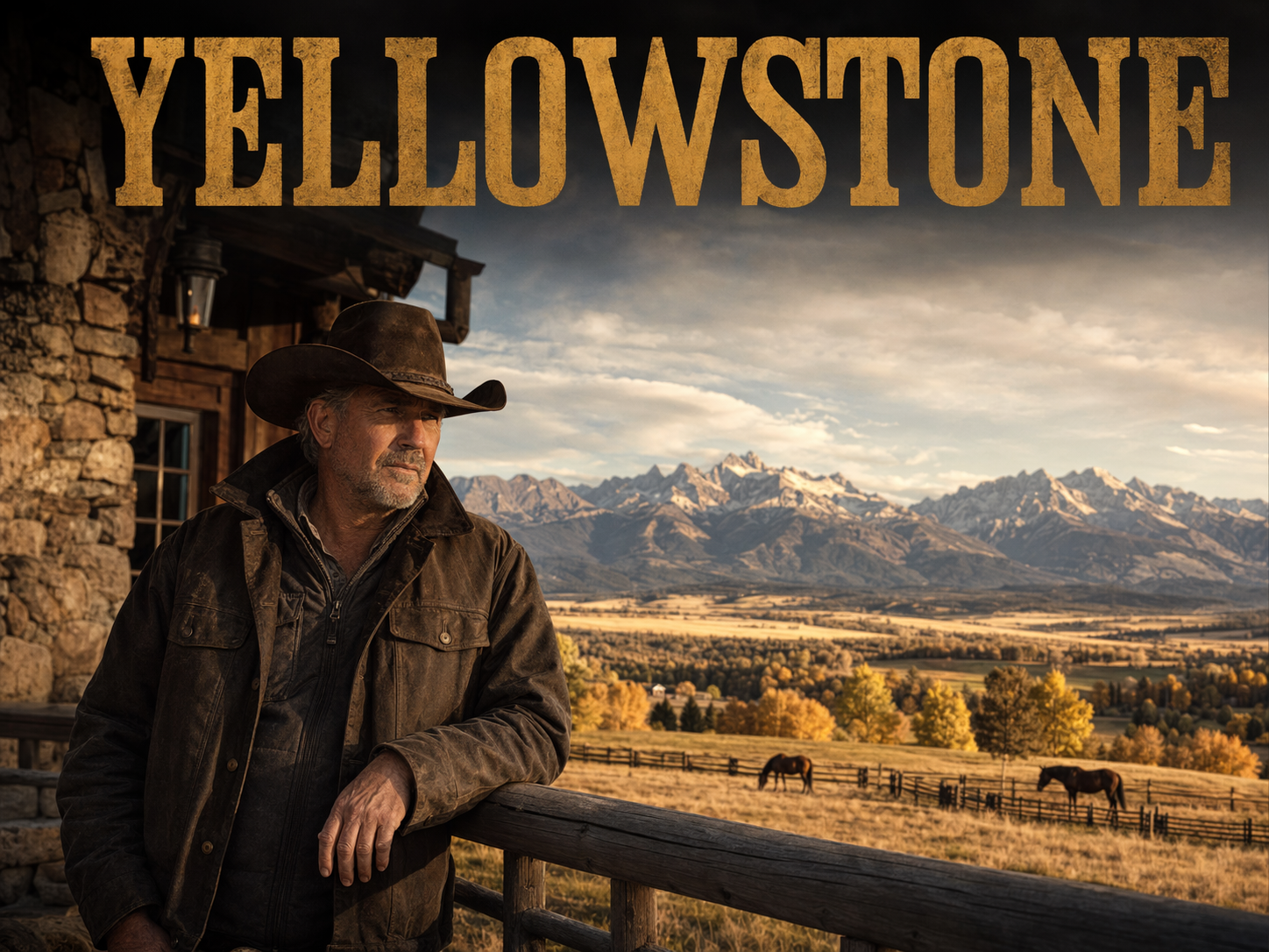 Kevin Costner as John Dutton on the porch of the Dutton Ranch lodge in weathered brown leather, the Montana Rockies behind him, Yellowstone title overlay.